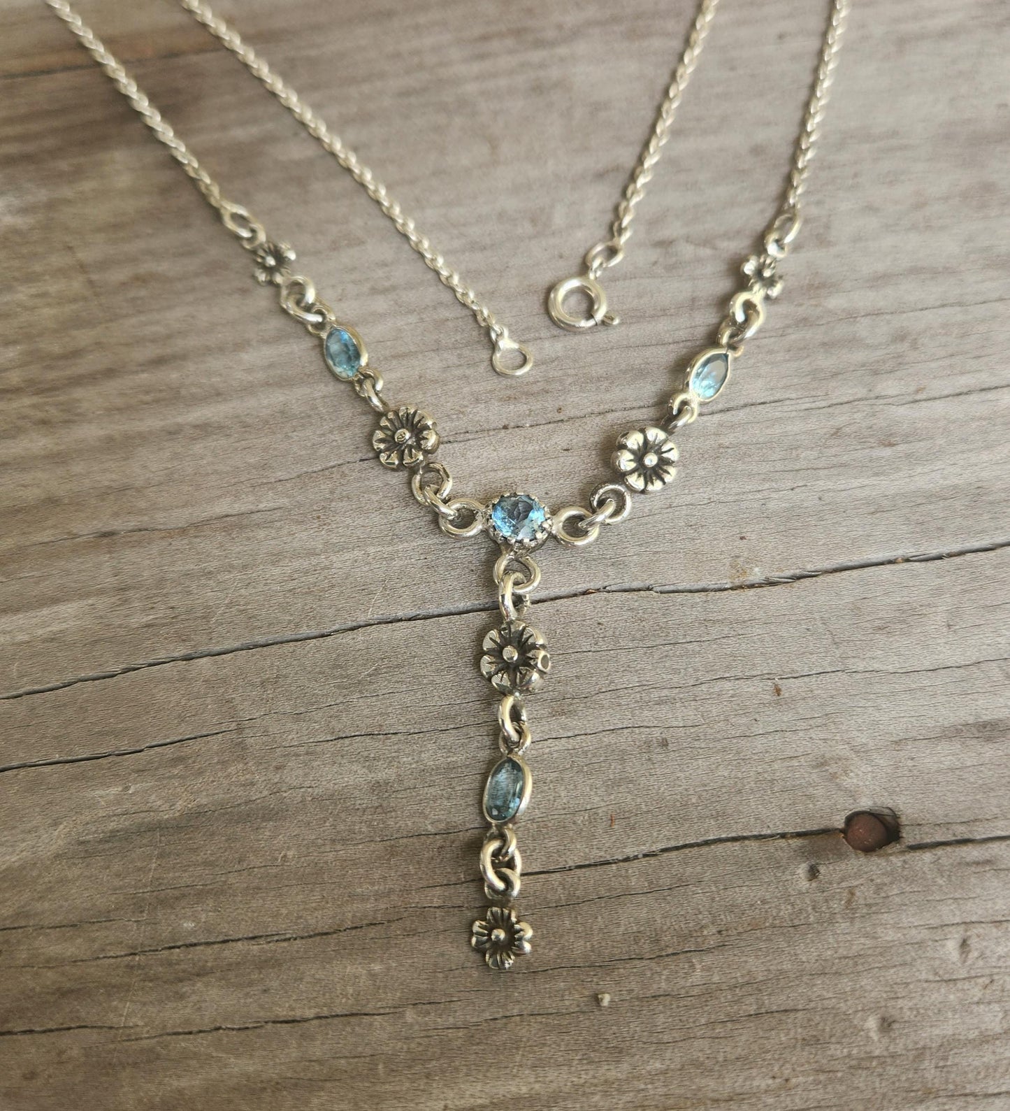 Blue topaz necklace, 925 sterling silver choker,flowers and gemstones on a silver chain,rockabilly boho