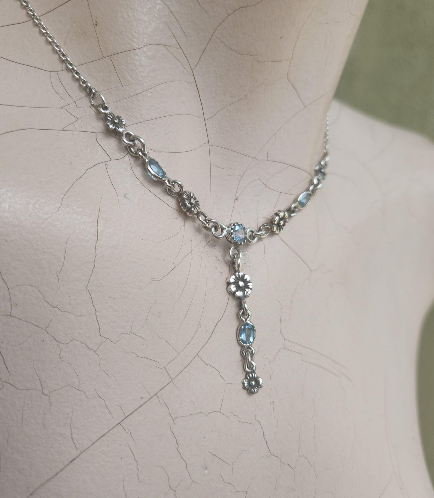 Blue topaz necklace, 925 sterling silver choker,flowers and gemstones on a silver chain,rockabilly boho