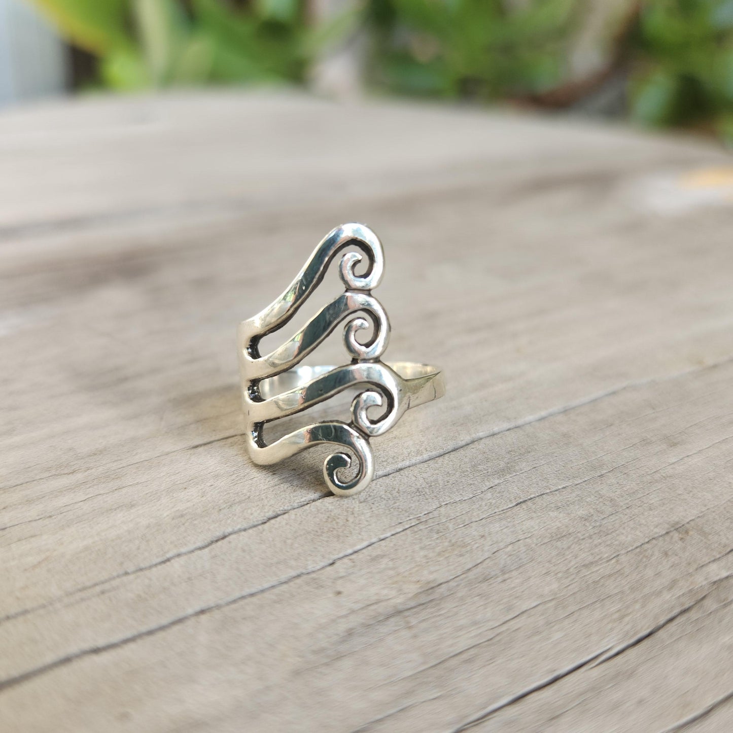 Long silver swirl ring,925 sterling,tribal,fork style,curls,maori,koru ,celtic,handmade,silver band,scrolls,Aztec,Inca,