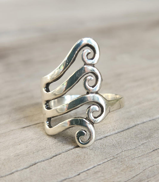 Long silver swirl ring,925 sterling,tribal,fork style,curls,maori,koru ,celtic,handmade,silver band,scrolls,Aztec,Inca,