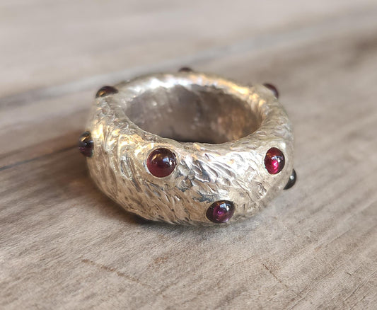 Wide heavy silver ring,garnets,925 sterling silver.13mm hammered band,chunky thick solid sterling silver band,steampunk,wedding dress ring