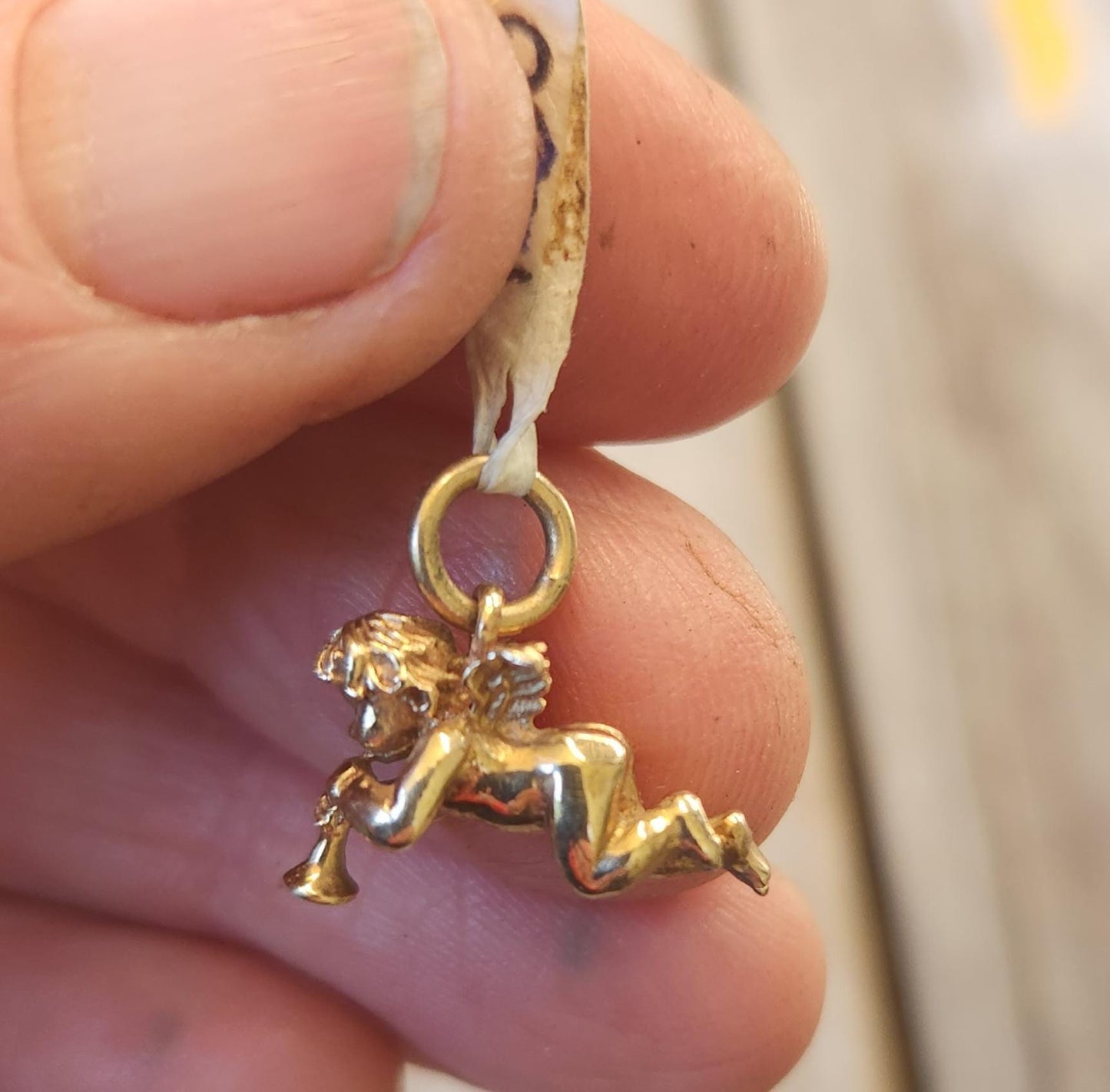 Gold cherib charm,9k gold cupid pendant,9ct gold angelic winged love ,trumpet. fairy, angel pendant,