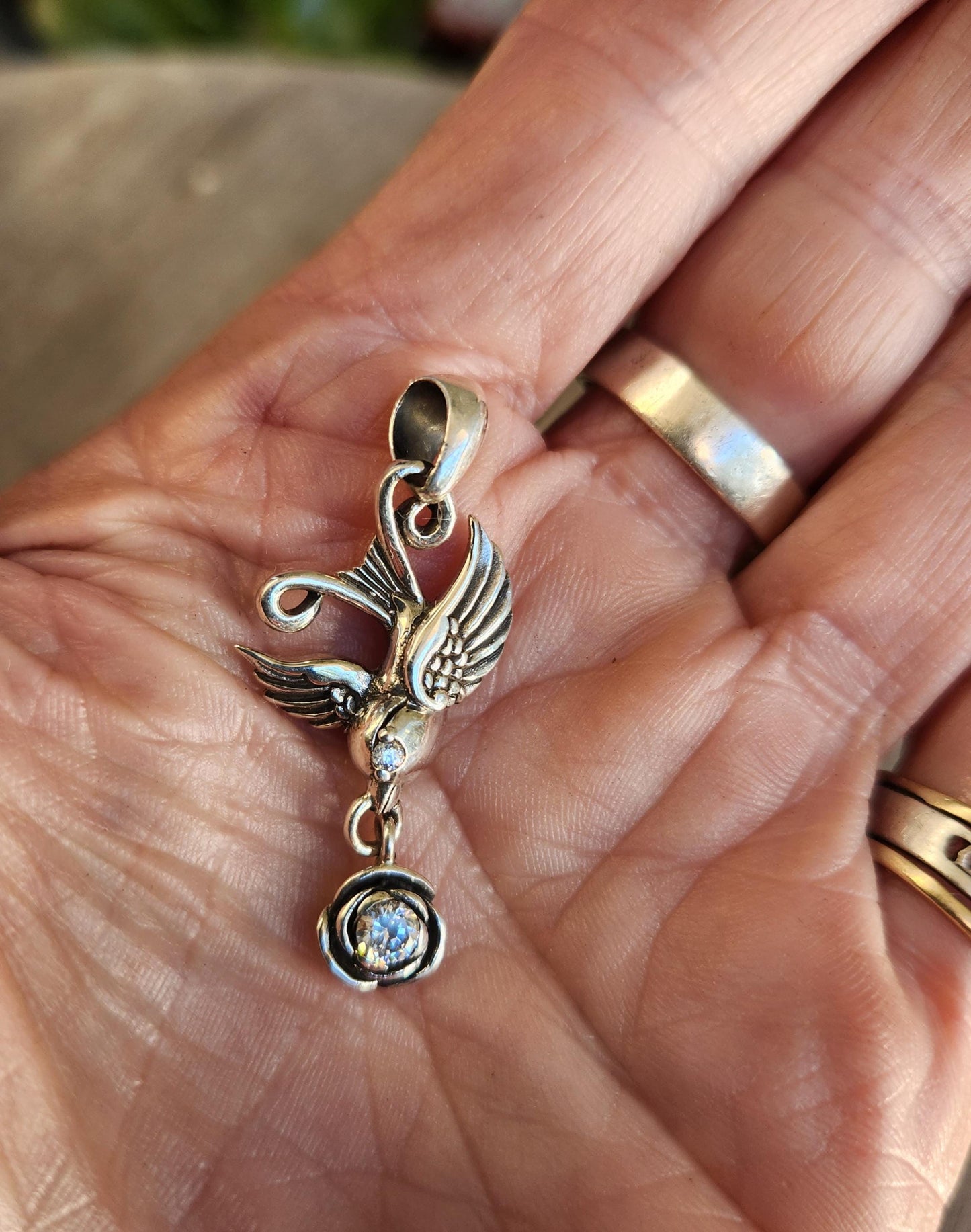 swallow,bluebird rose pendant,925 sterling silver,chsrm,rockabilly steampunk gothic punk victorian gypsy hippy boho