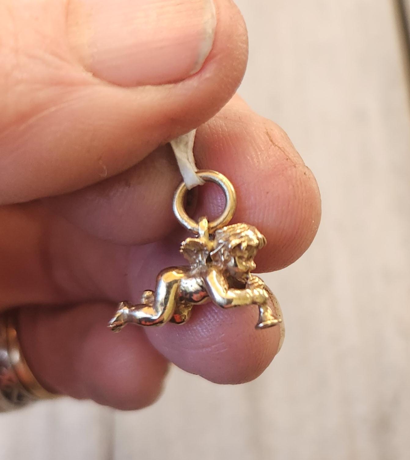 Gold cherib charm,9k gold cupid pendant,9ct gold angelic winged love ,trumpet. fairy, angel pendant,