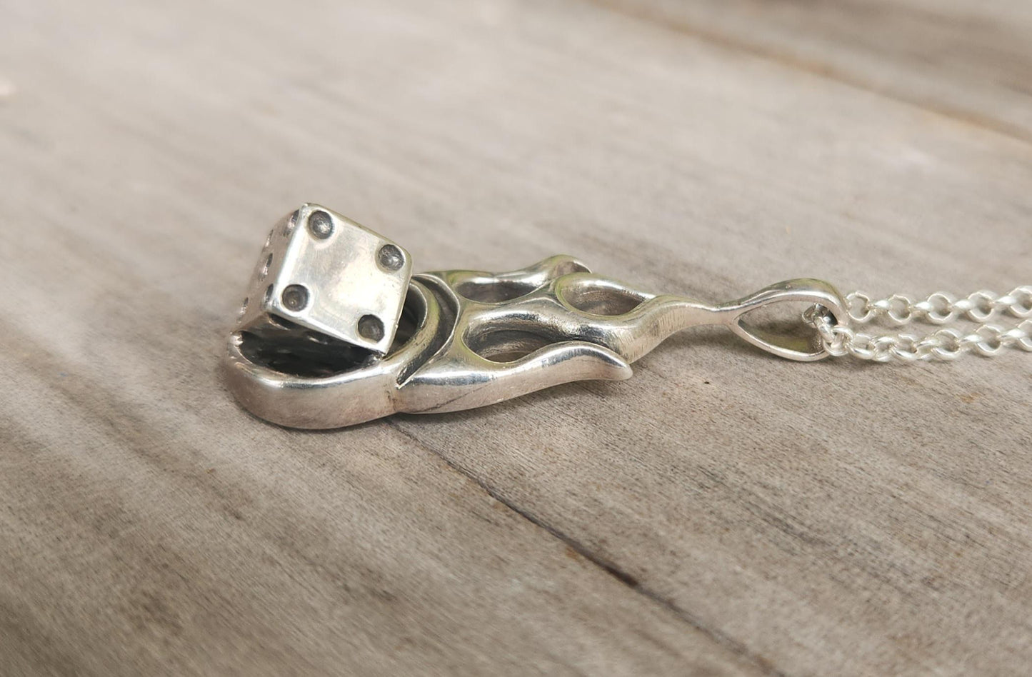 flame dice pendant,925 solid sterling silver, gambling,vegas,rockabilly,hipster,hand made,biker,muscle car Kulture.