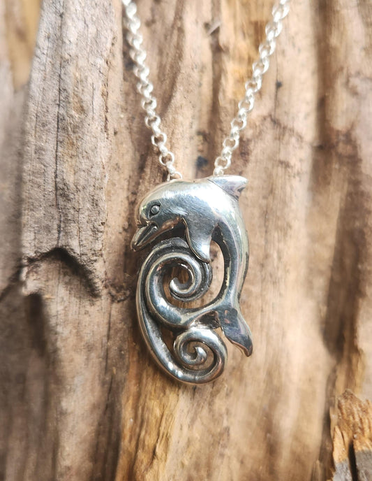 dolphin wave pendant,925 sterling silver,marine,porpous,