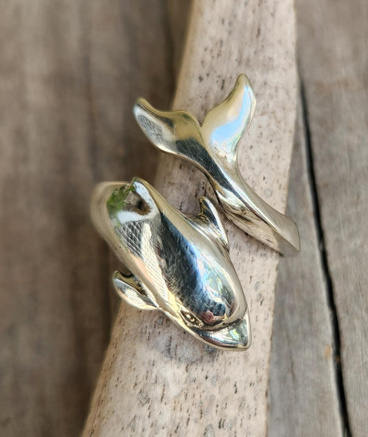 Large dolphin ring,925 sterling silver,silver adjustable band,porpous, surf wrap around ring