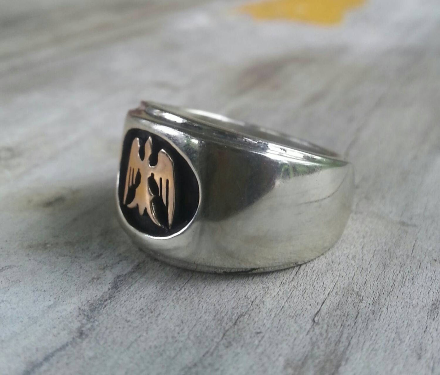 Gold eagle ring,10k phoenix 925 sterling silver band ,two tone wedding,gold eagle,mans dress ring,steampunk,