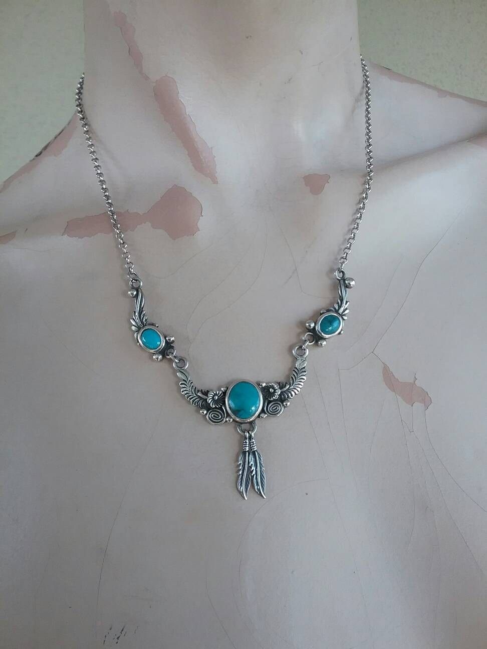 Turquoise necklace, feather jewelry,sterling silver,Navajo Indian, vintage style, necklace,hand made pendant,boho,gypsy,festival,retro