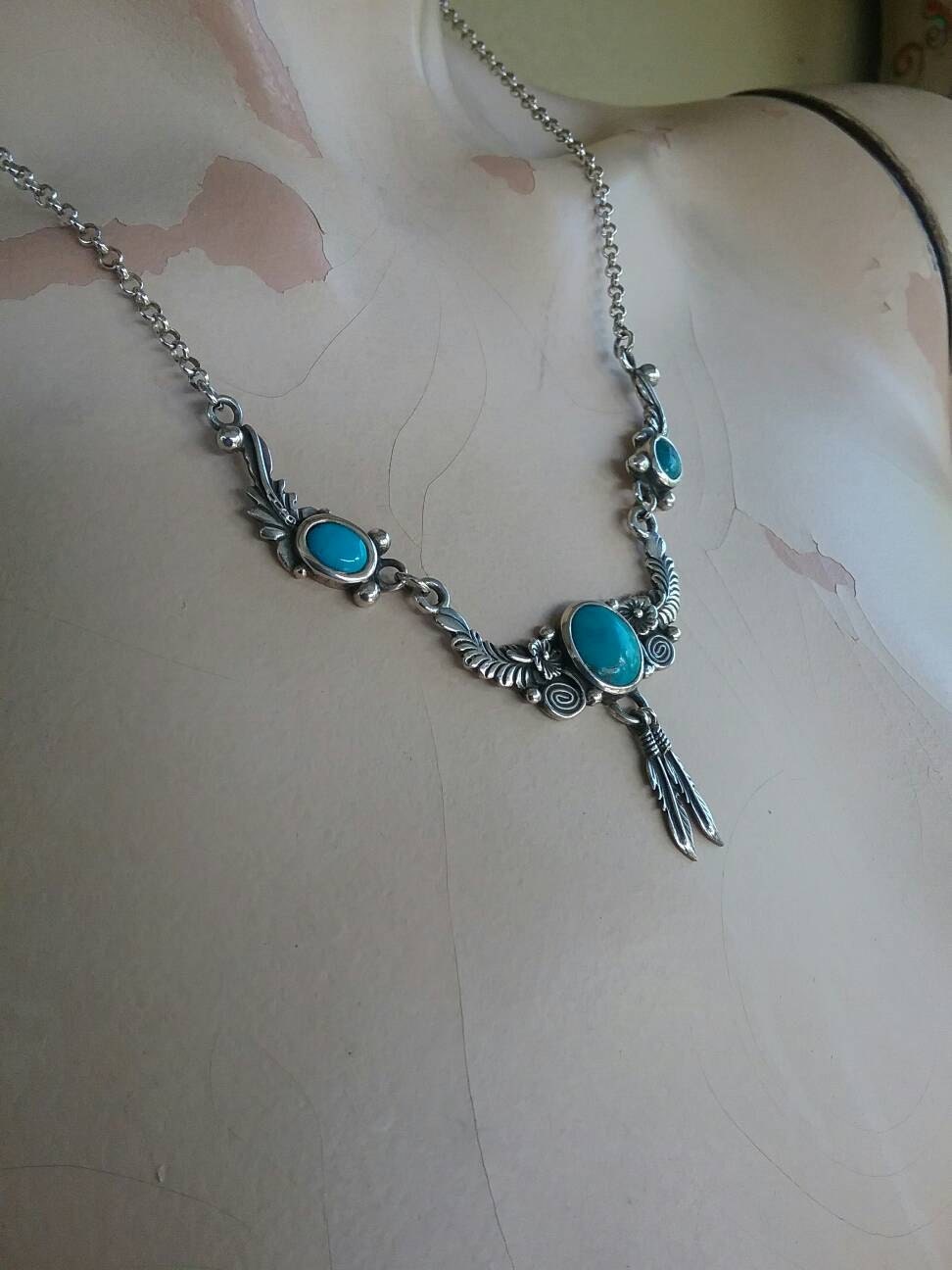 Turquoise necklace, feather jewelry,sterling silver,Navajo Indian, vintage style, necklace,hand made pendant,boho,gypsy,festival,retro