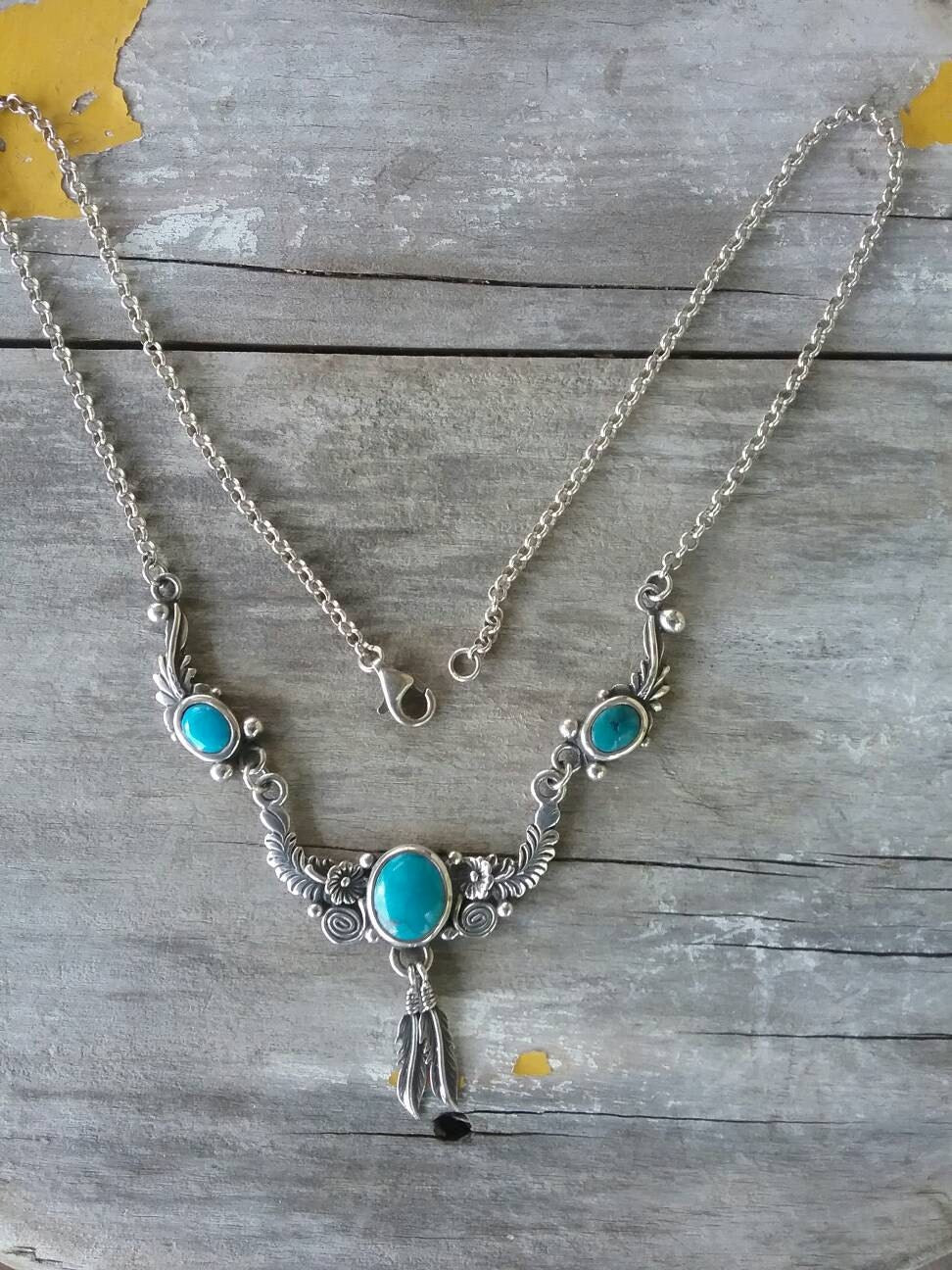 Turquoise necklace, feather jewelry,sterling silver,Navajo Indian, vintage style, necklace,hand made pendant,boho,gypsy,festival,retro