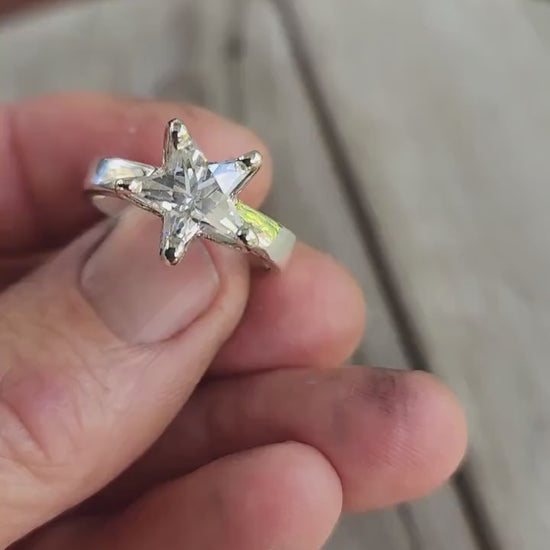 star ring,sterling silver solitare,cubic zirconia star,five pointed star,solid ring,unisex,boho,designer fashion,