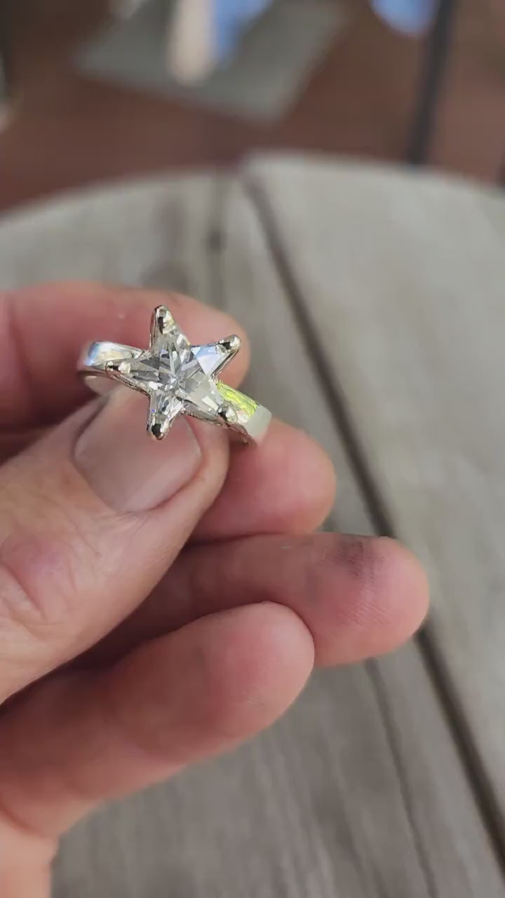 star ring,sterling silver solitare,cubic zirconia star,five pointed star,solid ring,unisex,boho,designer fashion,