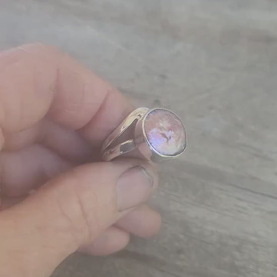 Large ring,coin pearl,sterling silver, freshwater freeform pearl,chunky ring,wedding ring,boho,handmade, retro ring,modern,
