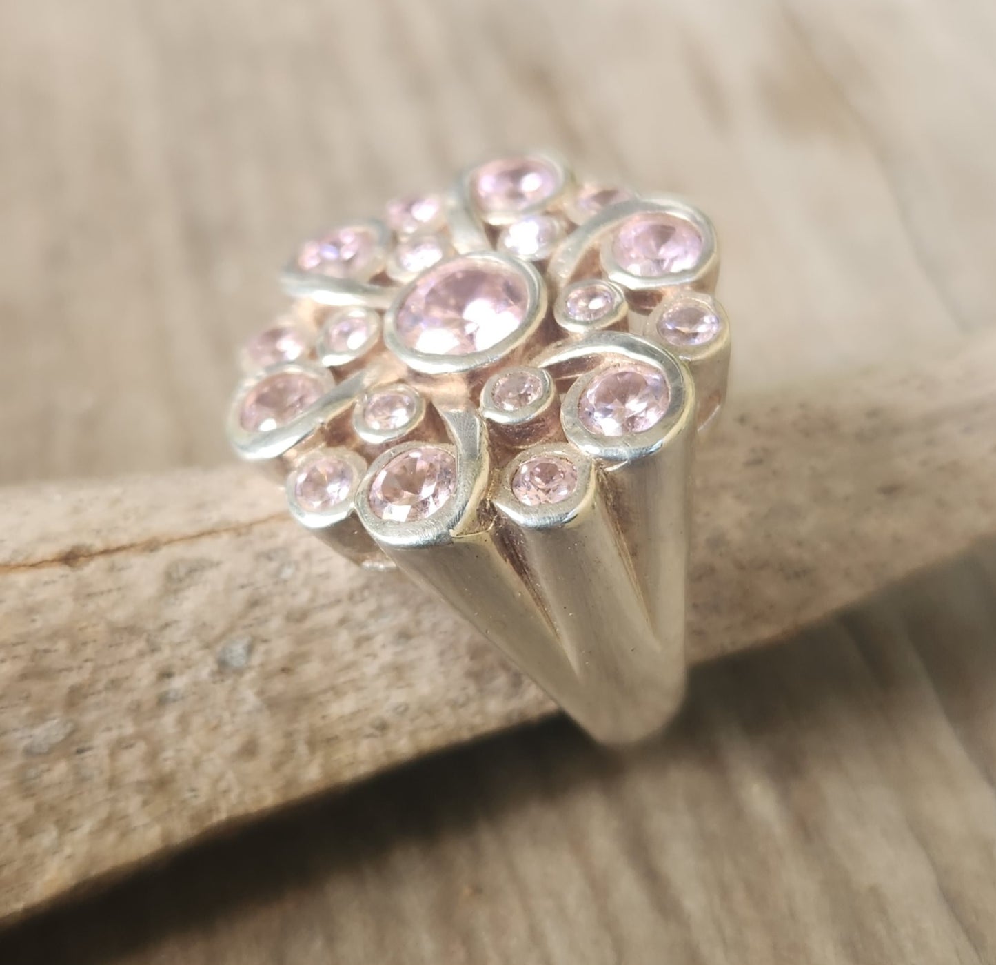 Large Pink cz ring,925 sterling silver,flower multi stone cluster,cubic zirconia,