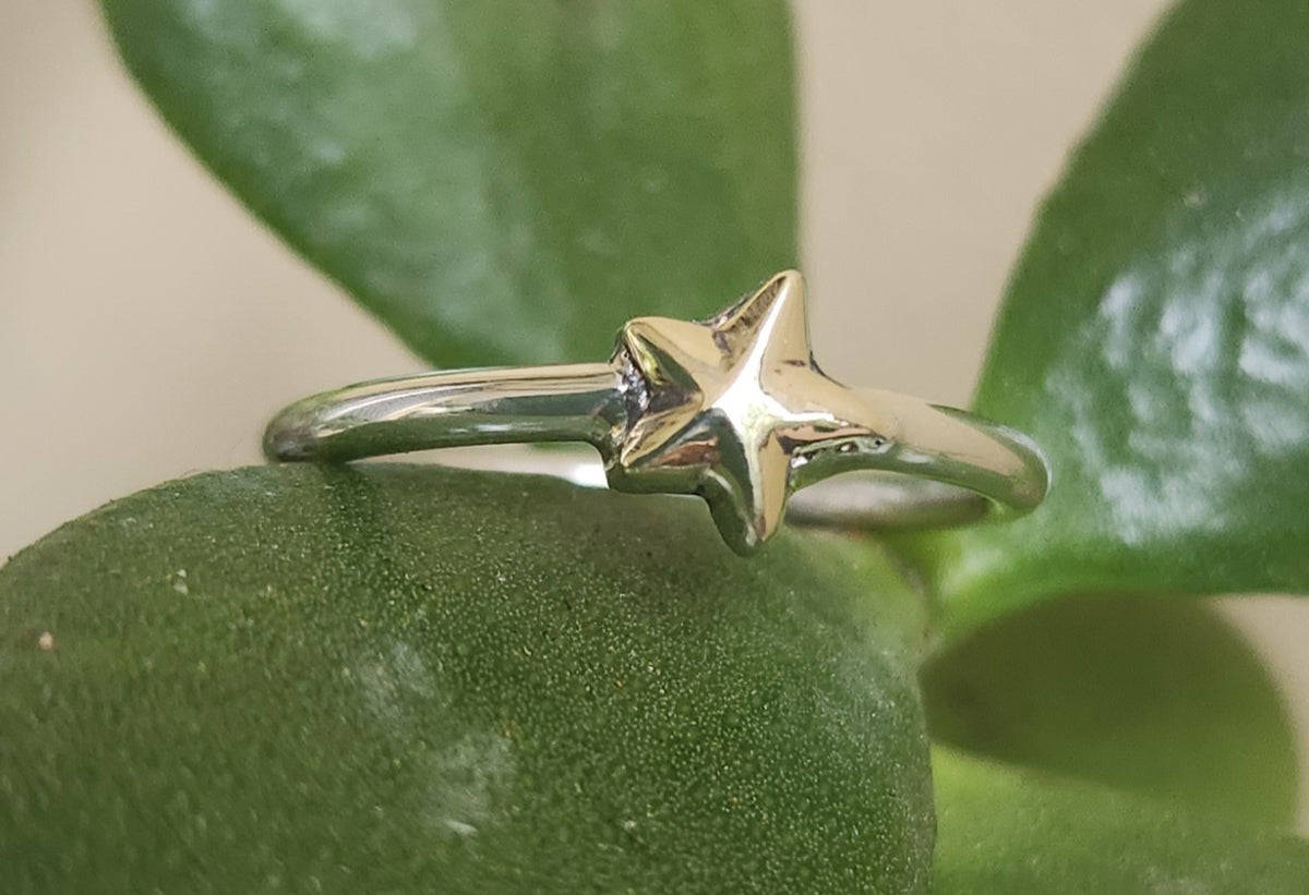 Two tone star stacking ring,9k gold caltex star  and sterling silver,mixed metal band,2mm band ,