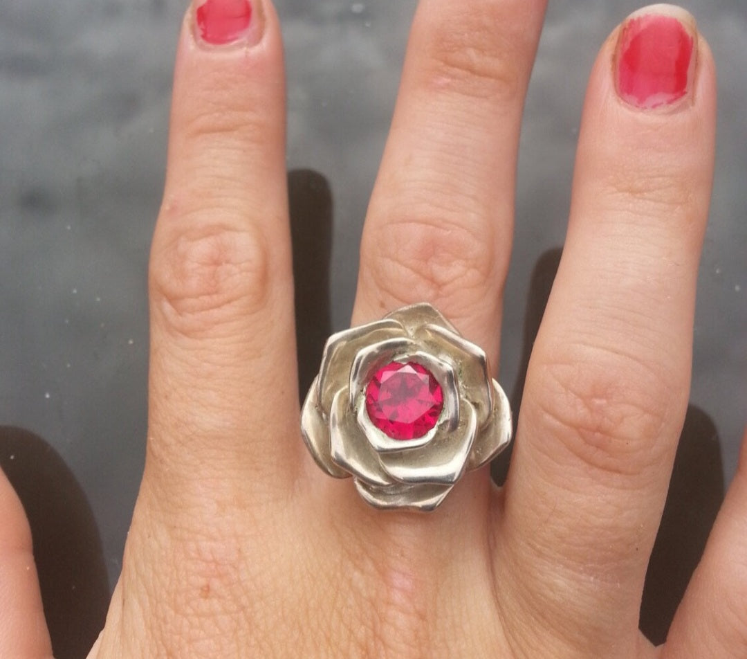 Rose amethyst ring,925 sterling silver,handmade,large rose,boho,big chunky ring steampunk, gothic, art nouveau ,victorian