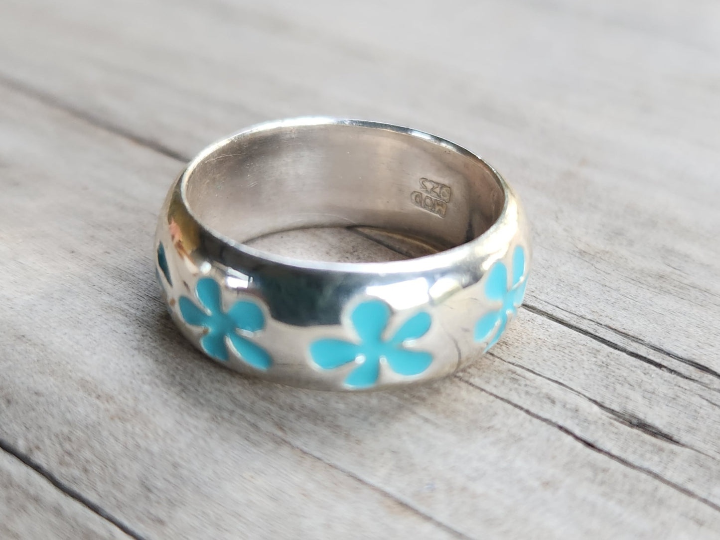 Surf ring,925 sterling silver band,Hawaii,blue Hibiscis flower ring,frangipani, surfer girl ring,flower, ring,boho,gypsy,silver band,wedding,hand made