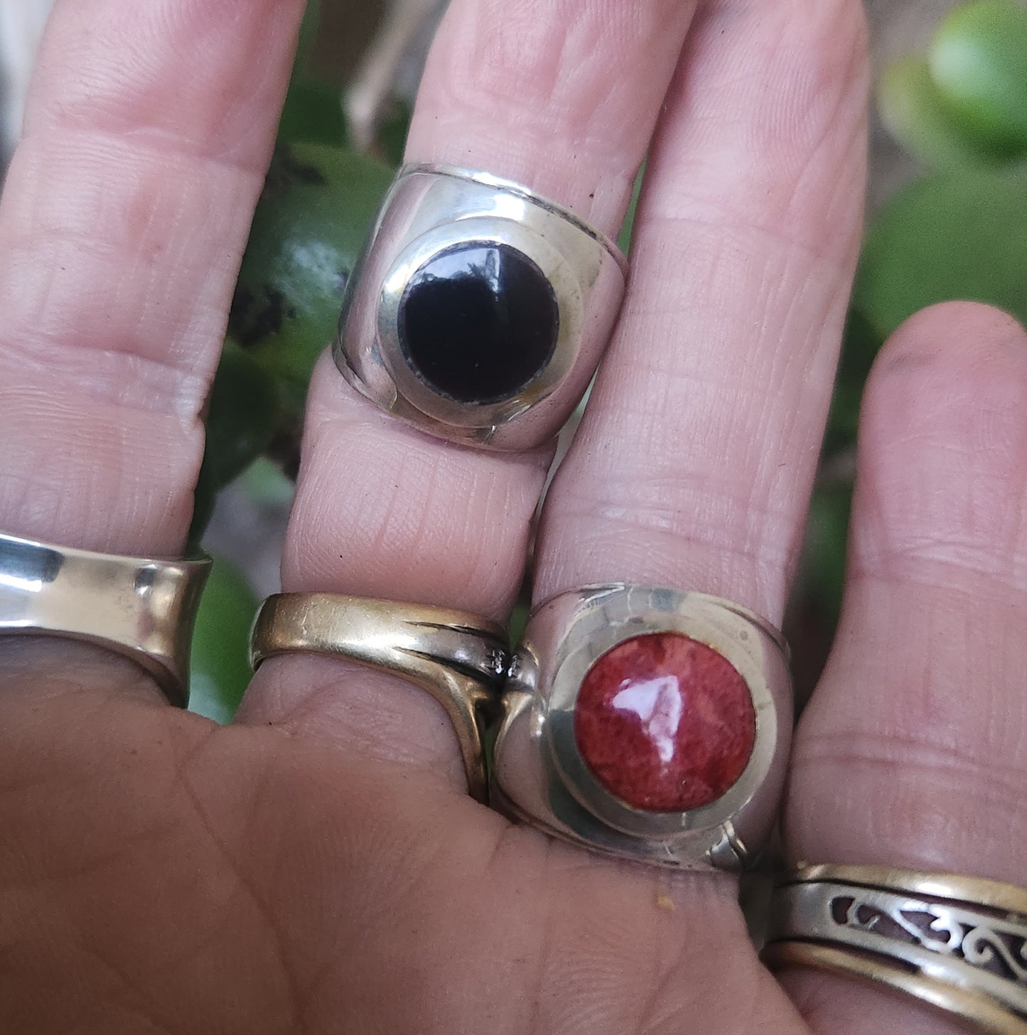 wide silver ring,925 sterling silver,red coral or black enamel