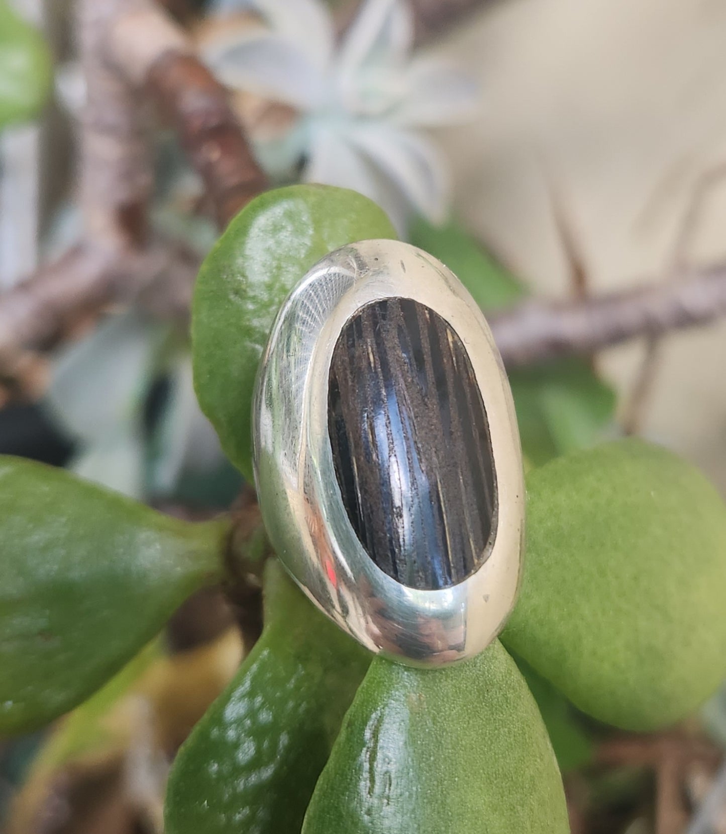 long silver ring,925 sterling silver,size 6.5 coconut inlay boho,shic minimalist ,new age handmade
