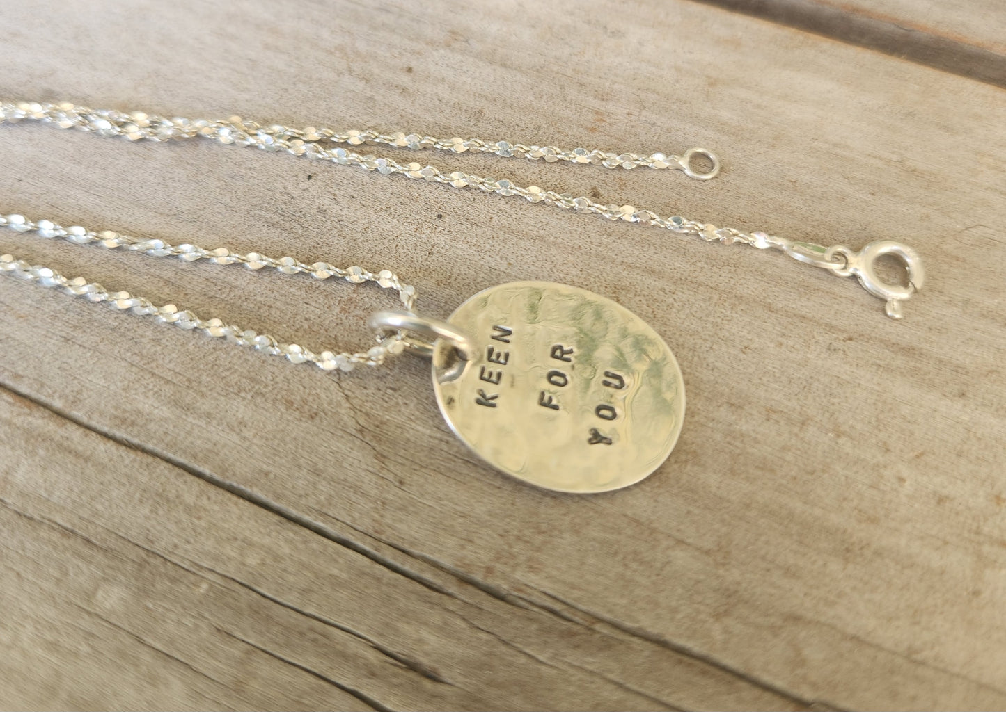 Keen for you Cupid,lovers disc, hammered sterling silver,stamped ID tag,gypsy,hippy boho