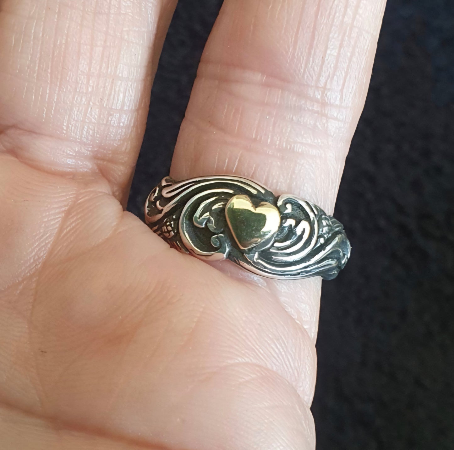 Two tone heart ring,9k Gold heart on 925 sterling silver band,handmade