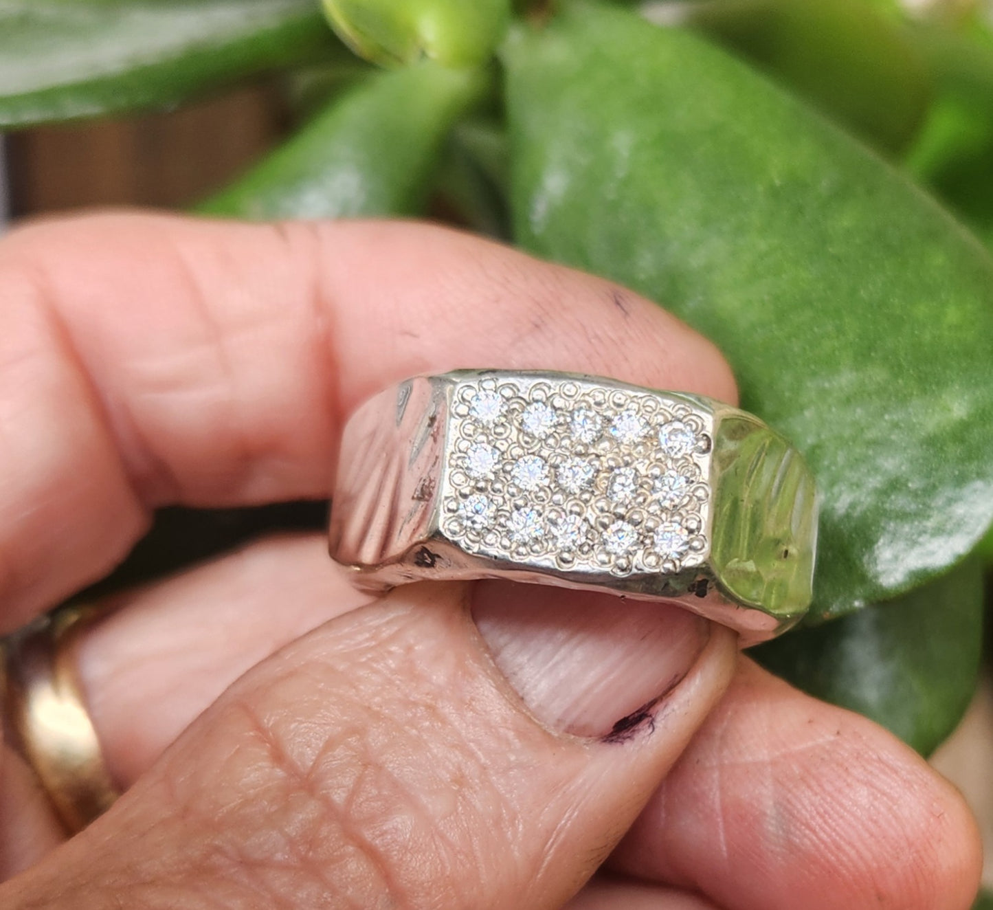 Hexagonal cubic zirconia ring, 925 solid sterling silver,cz top, hammered handmade band,unisex ring, wedding ring,heavy band,industrial,