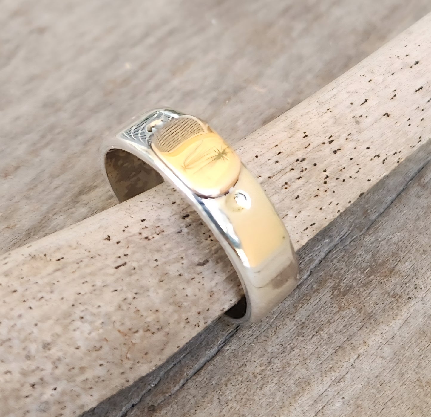 Gold and silver two tone ring,9k gold centre on 925 sterling silver band,gold ball,mixed metal wedding band.