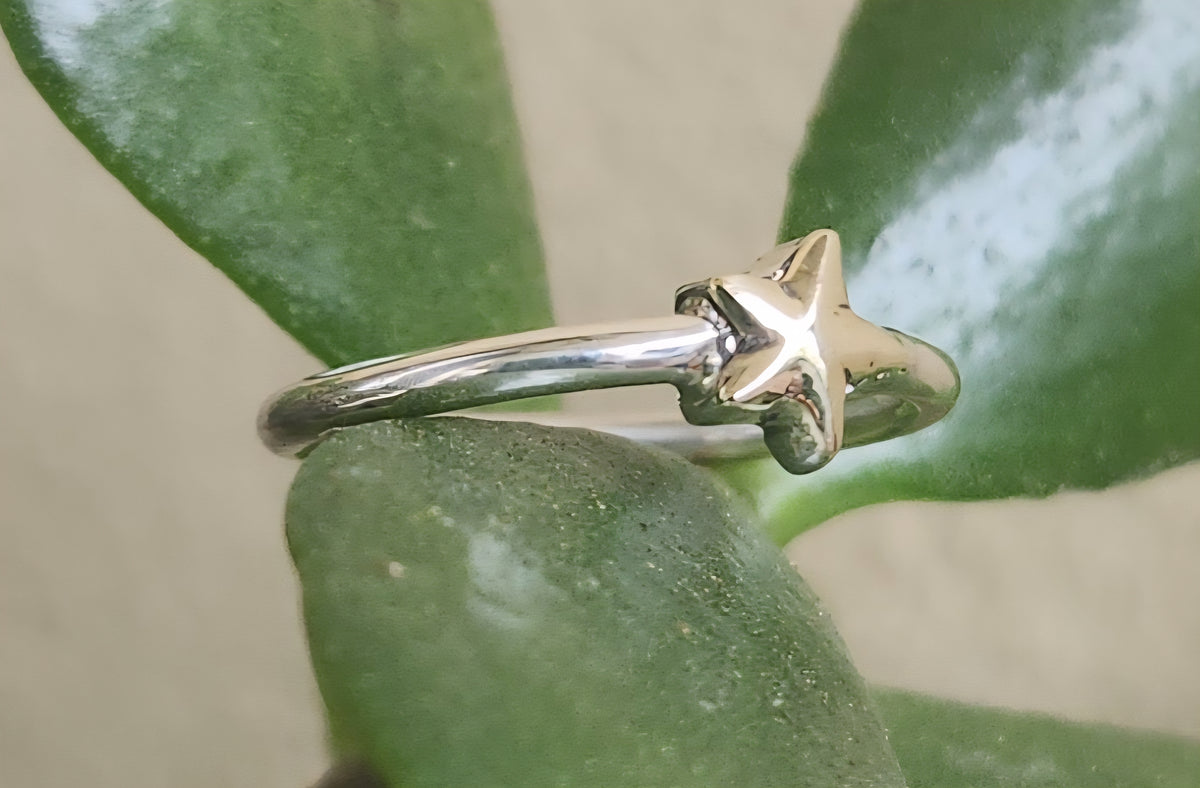Two tone star stacking ring,9k gold caltex star  and sterling silver,mixed metal band,2mm band ,