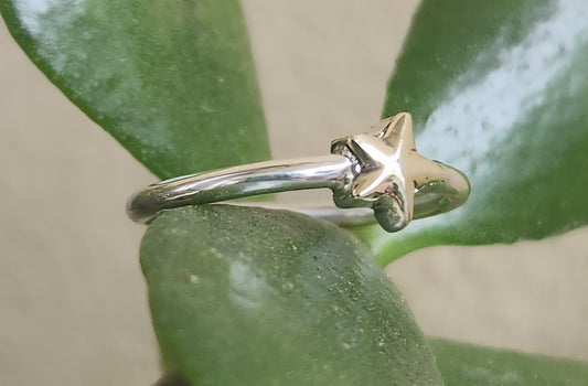 Two tone star stacking ring,9k gold caltex star  and sterling silver,mixed metal band,2mm band ,
