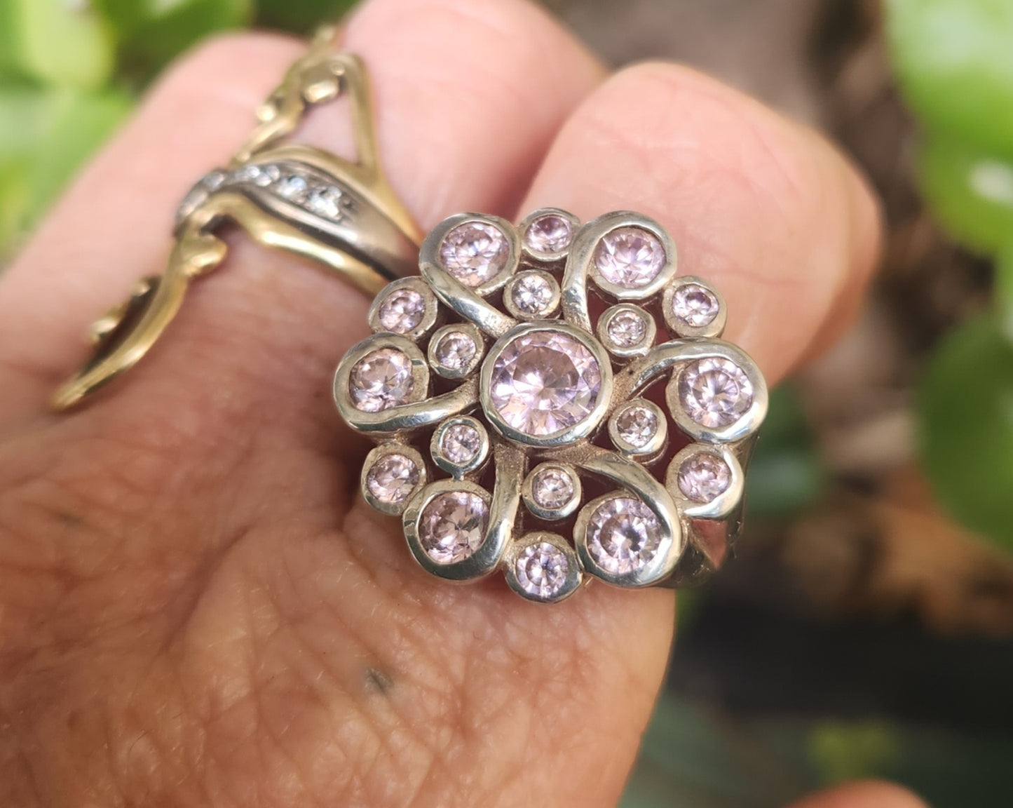 Large Pink cz ring,925 sterling silver,flower multi stone cluster,cubic zirconia,