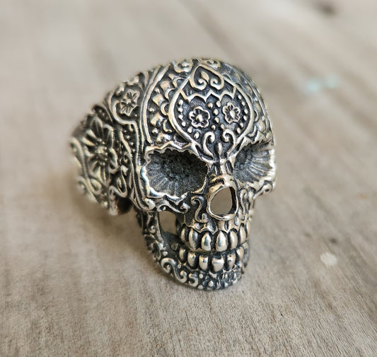sugar skull,925 sterling silver,day of the dead, skull,steampunk,gothic, punk,large skull ,long silver ring,handmade,