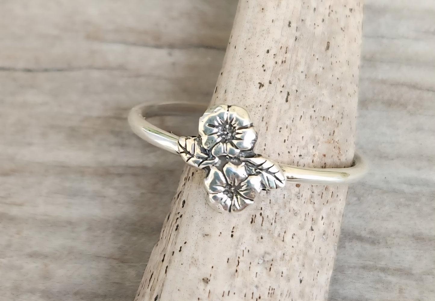 Two tone stacking ring,solid 9k gold flower on sterling silver band,mixed metal flower ring,