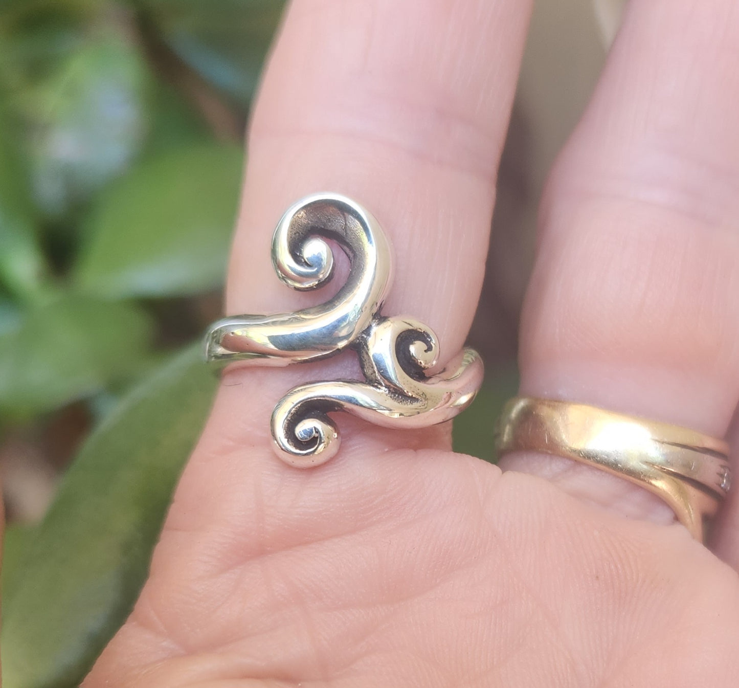 Long silver scroll ring,925 sterling silver,swirl ring,wedding,handmade,goddess,boho,steampunk gothic, art nouveau,deco,celtic,tribal,vintage