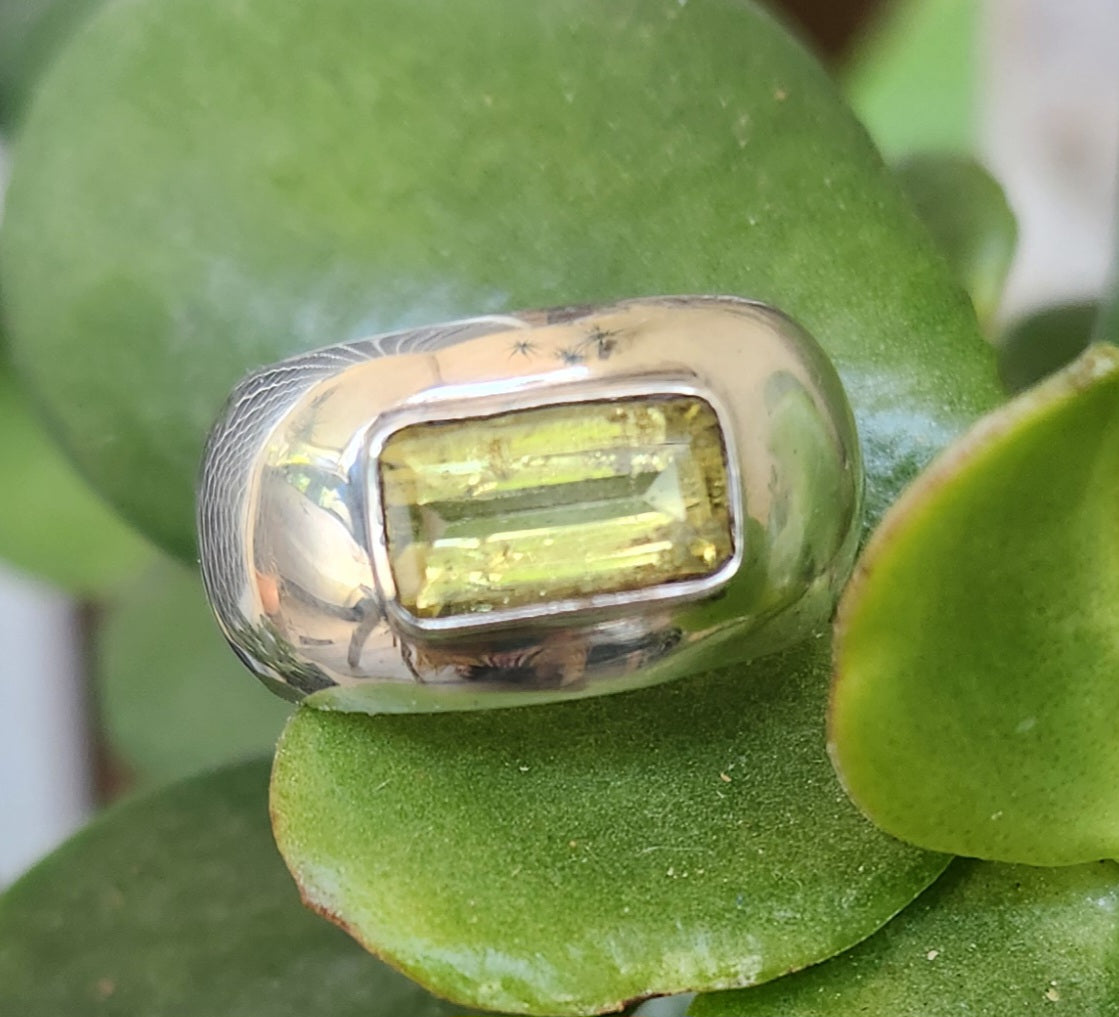 Wide silver ring,925 sterling silver,yellow beryl rectangle gemstone. handmade,new age