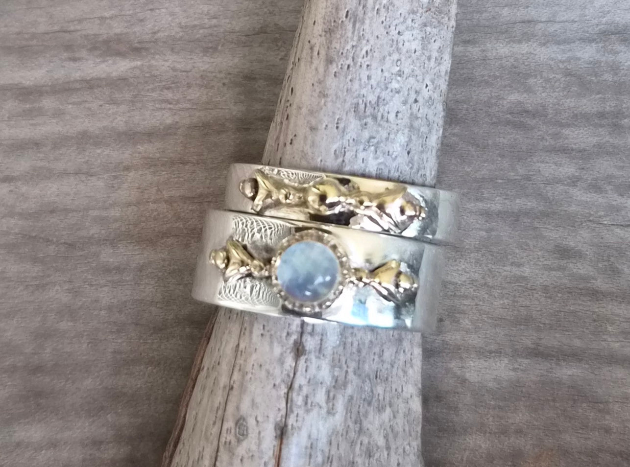 Mixed metal ring,9k gold ball top 925 sterling silver band,gemstone,two tone band