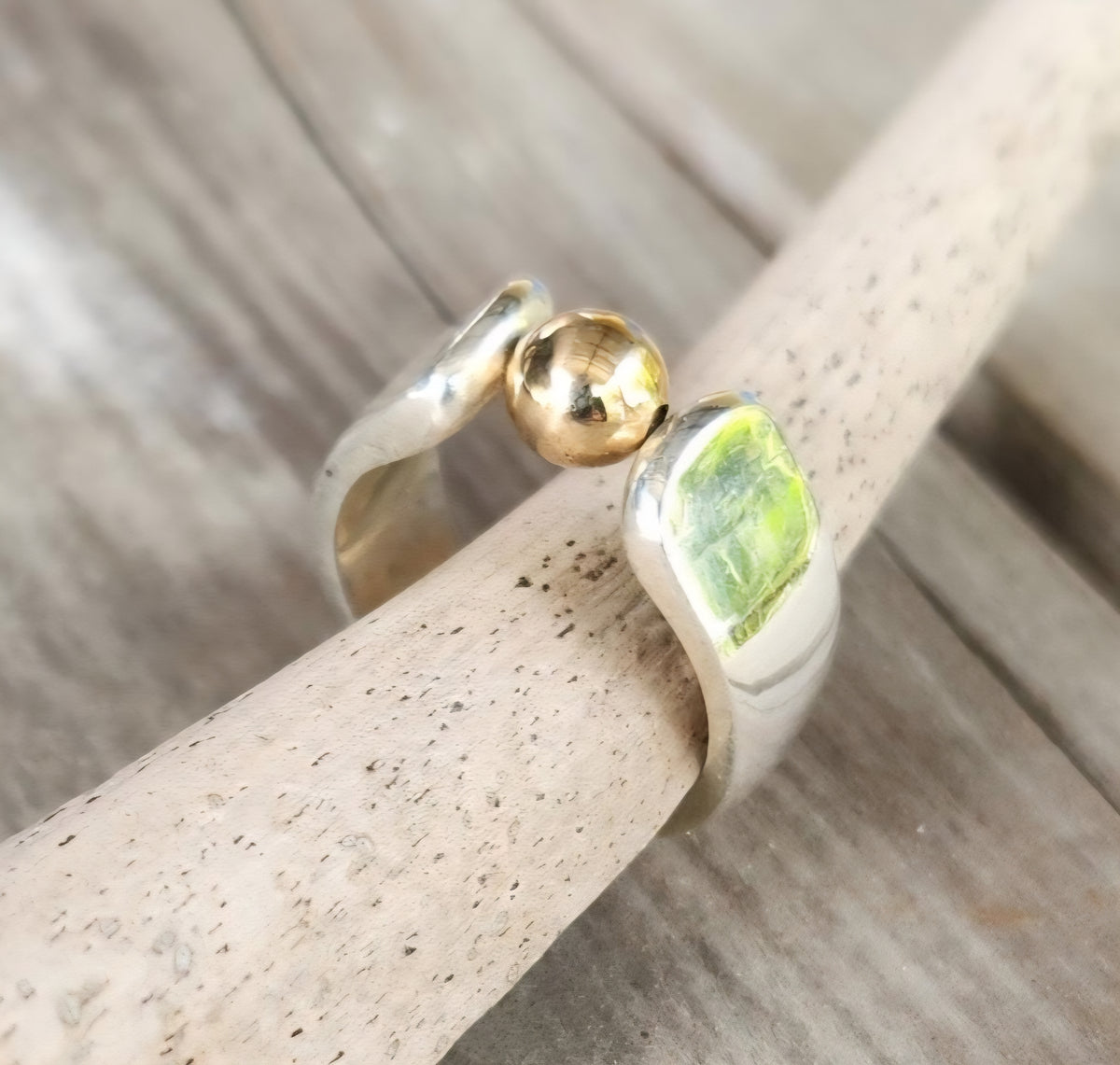 9k ball ring,925 sterling silver,two tone band,mixed metal band
