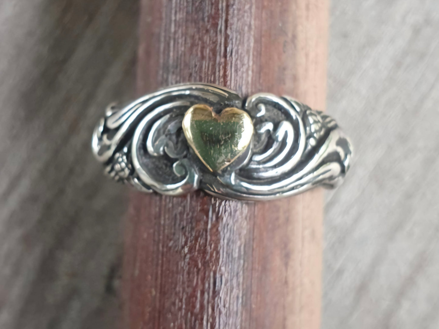 Two tone heart ring,9k Gold heart on 925 sterling silver band,handmade