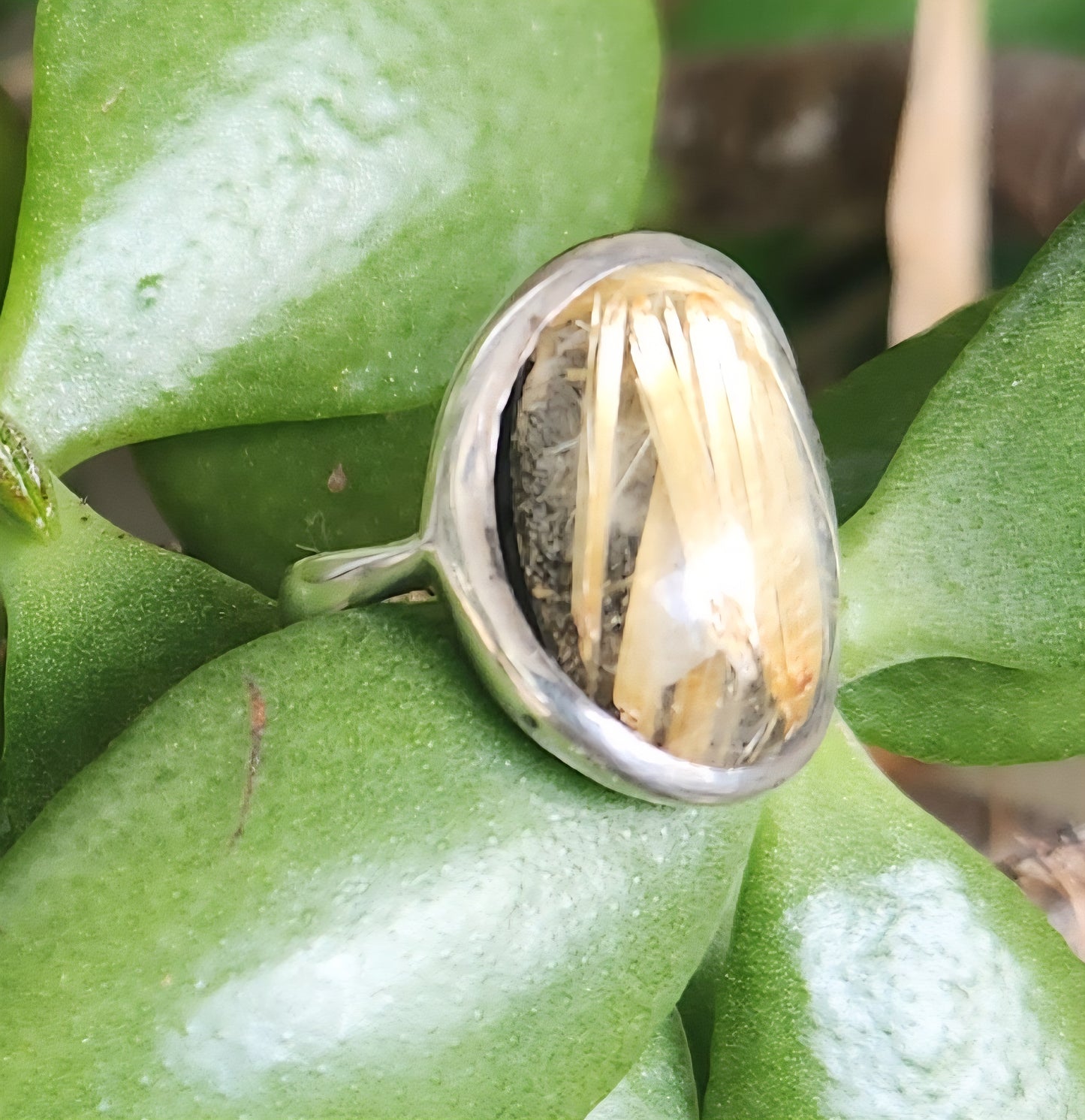 Golden rutilated quartz,925 sterling silver,long gemstone ring, boho
