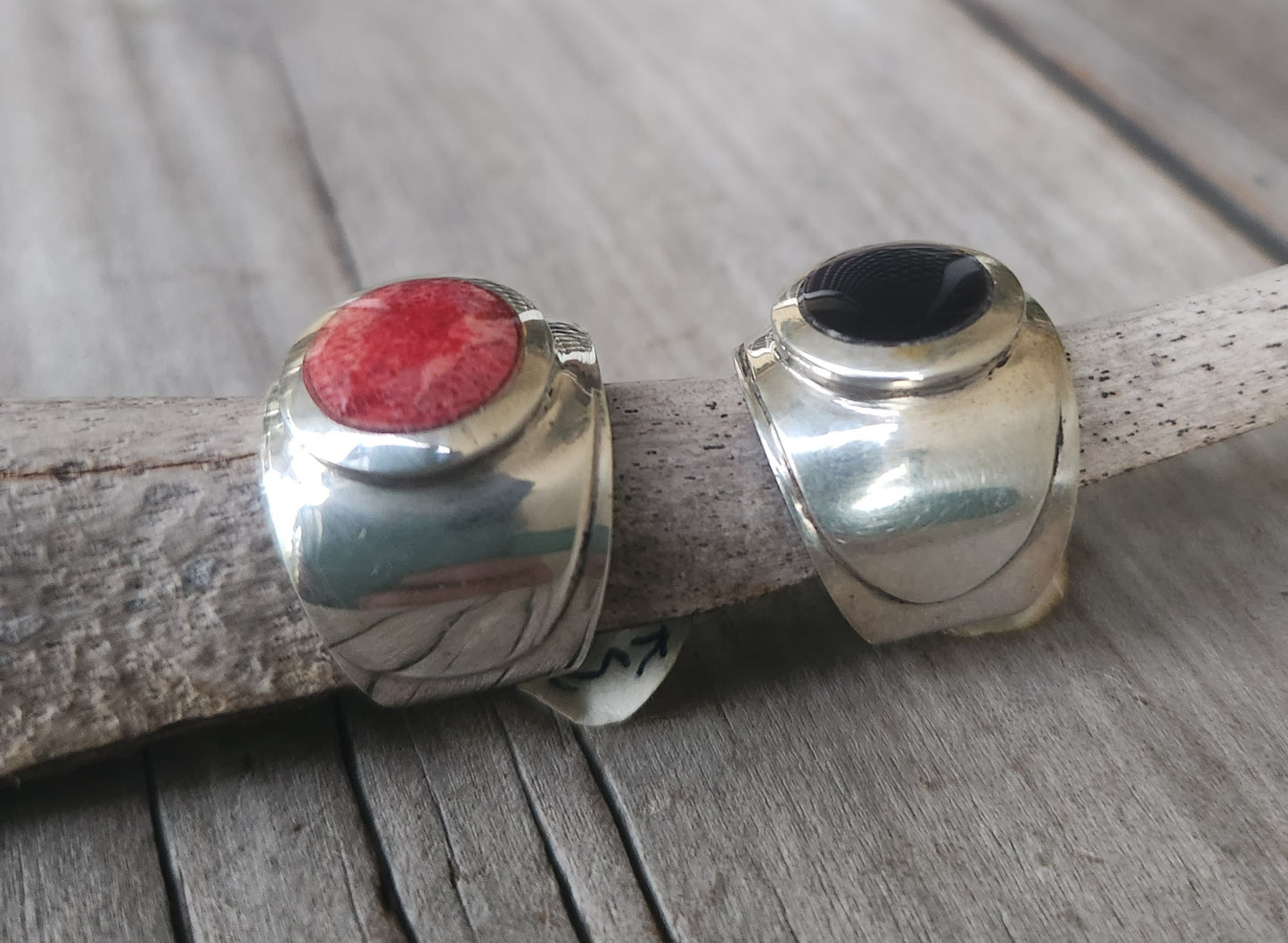 wide silver ring,925 sterling silver,red coral or black enamel