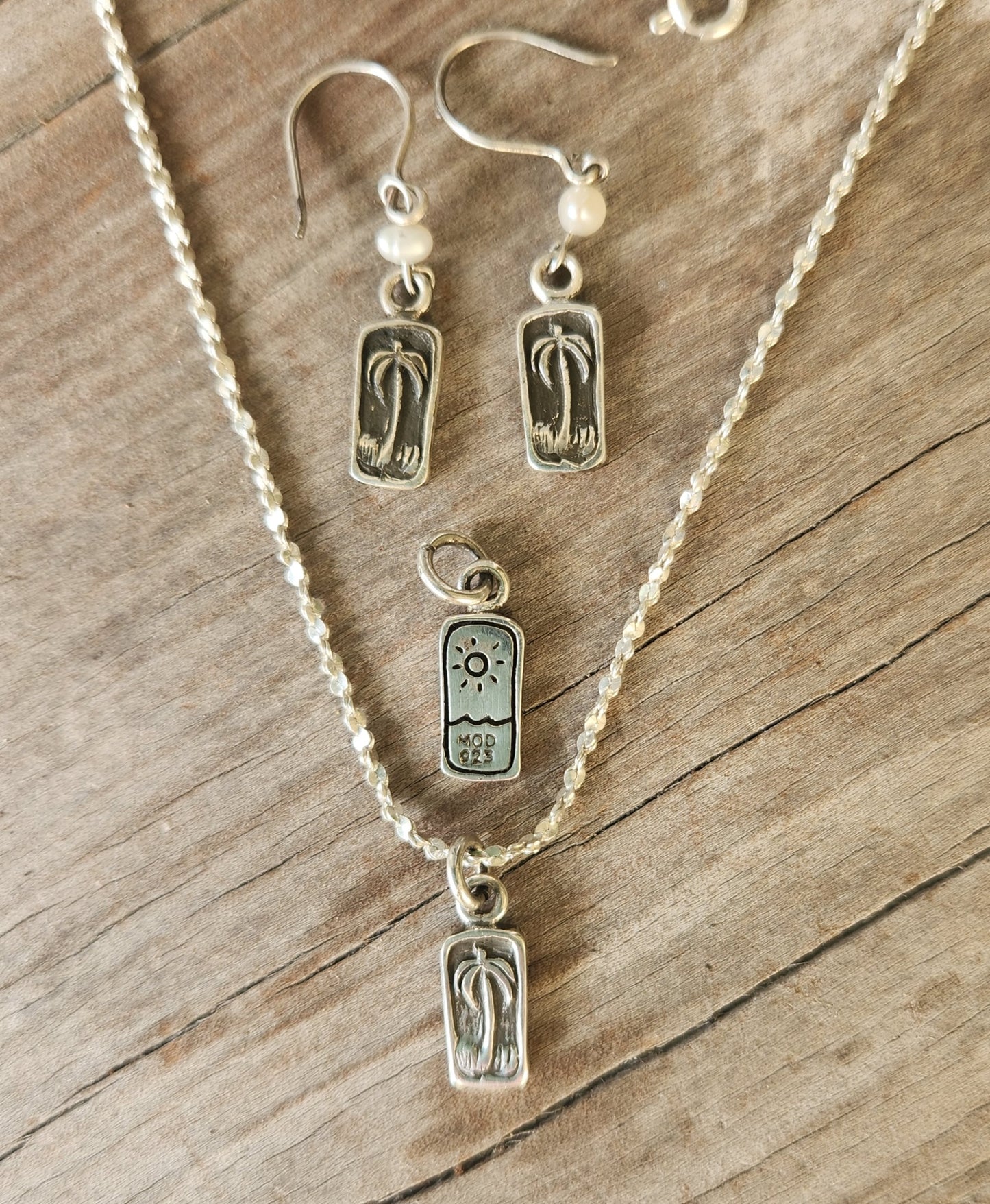 Palm tree pendant,charm 925 sterling silver,pearl drop earrings,sun charm