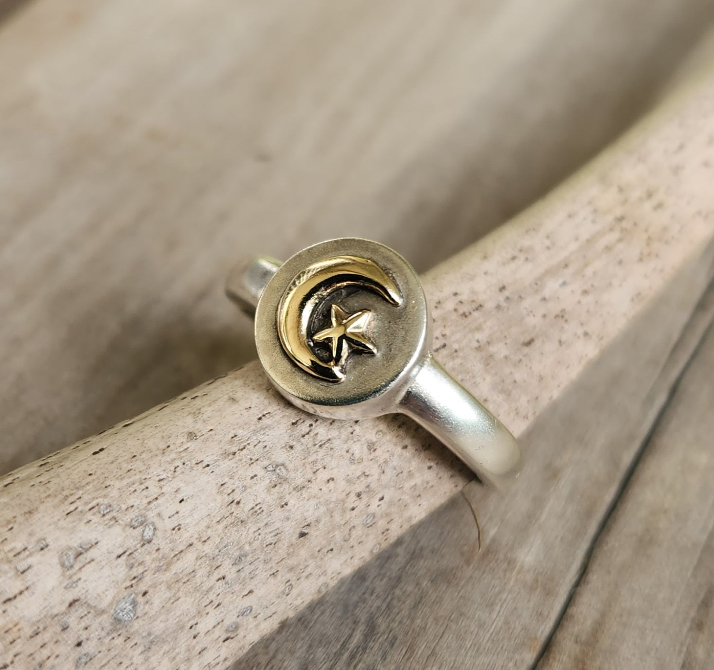 9K Moon Star ring on sterling silver signet ring.two tone, mixed metal