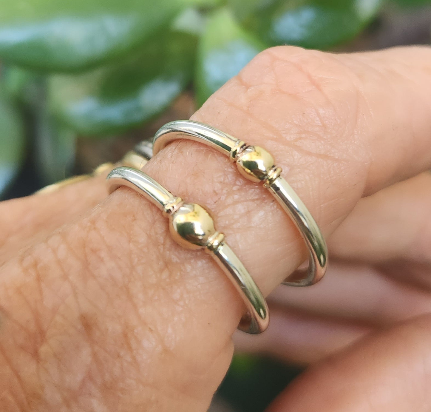 Two tone stacking ring,9k gold vintage bead on a sterling silver band,thin halo mixed metal stacker band