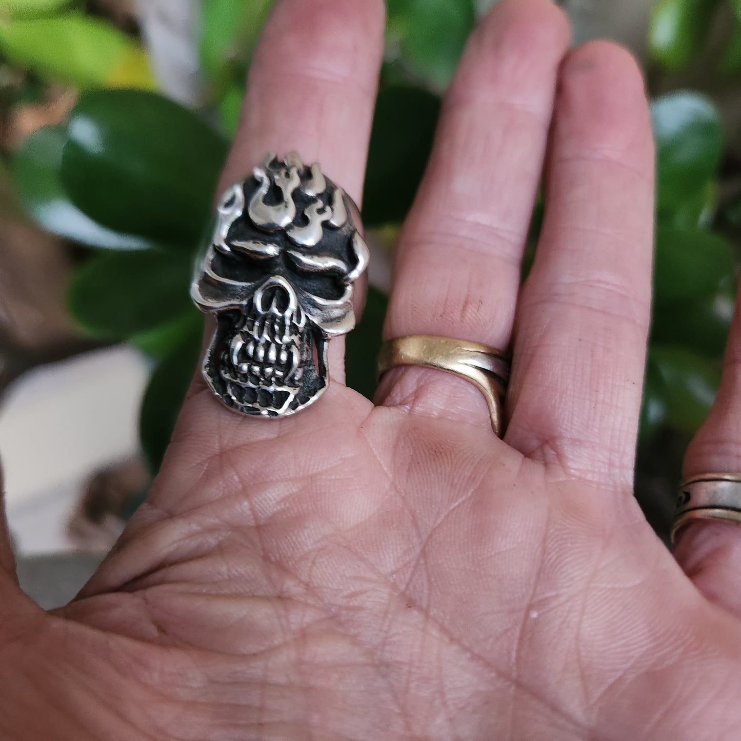 Long Skull flame ring,925 sterling silver,kustom kulture roth flame,flat ring,muscle car, steampunk,gothic, punk,small skull ring,hipster