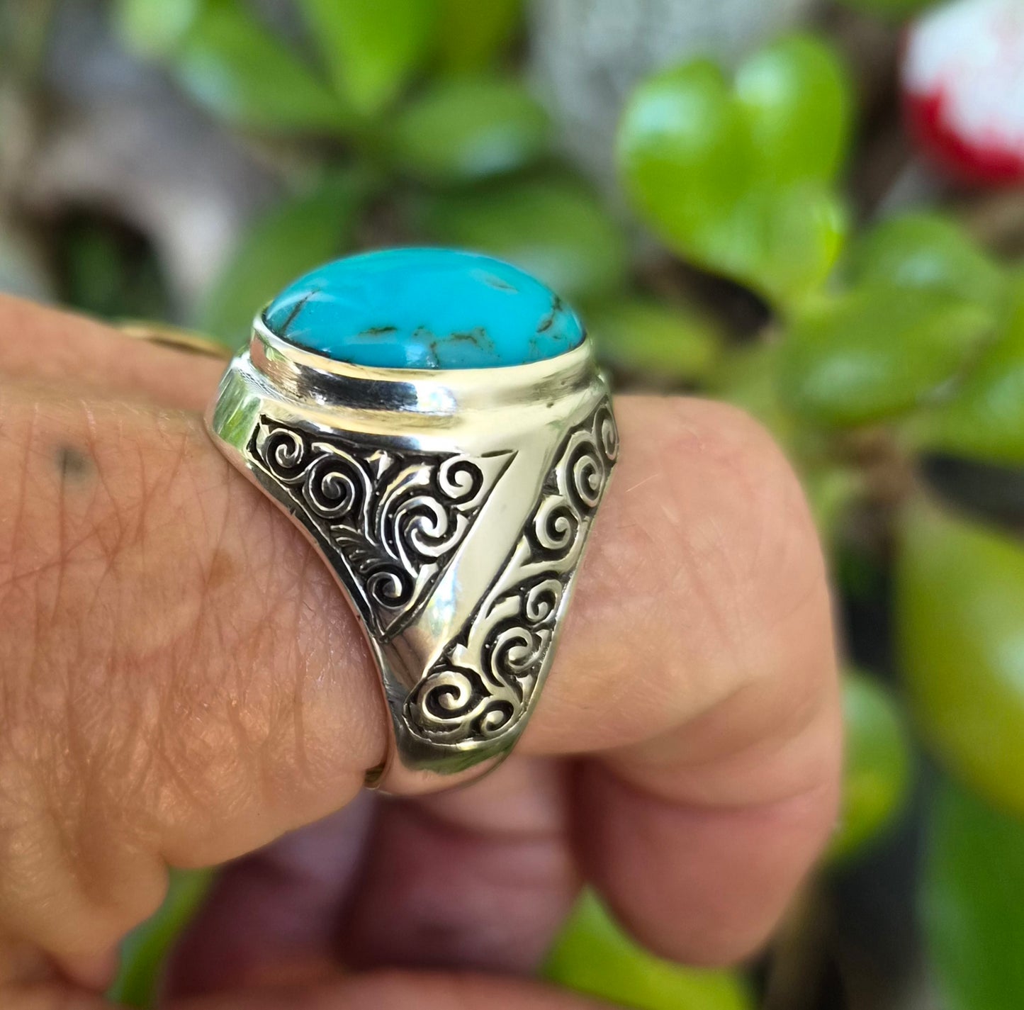 Turquoise ring,large mans ring,925 sterling silver,wedding dress scroll,maori koru,pattern