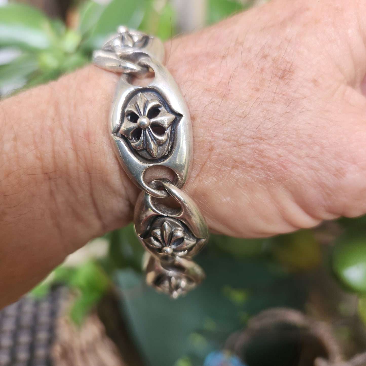 Heavy silver bracelet,925 sterling silver,Fluer-de-Lis link, handmade,unisex,boho,