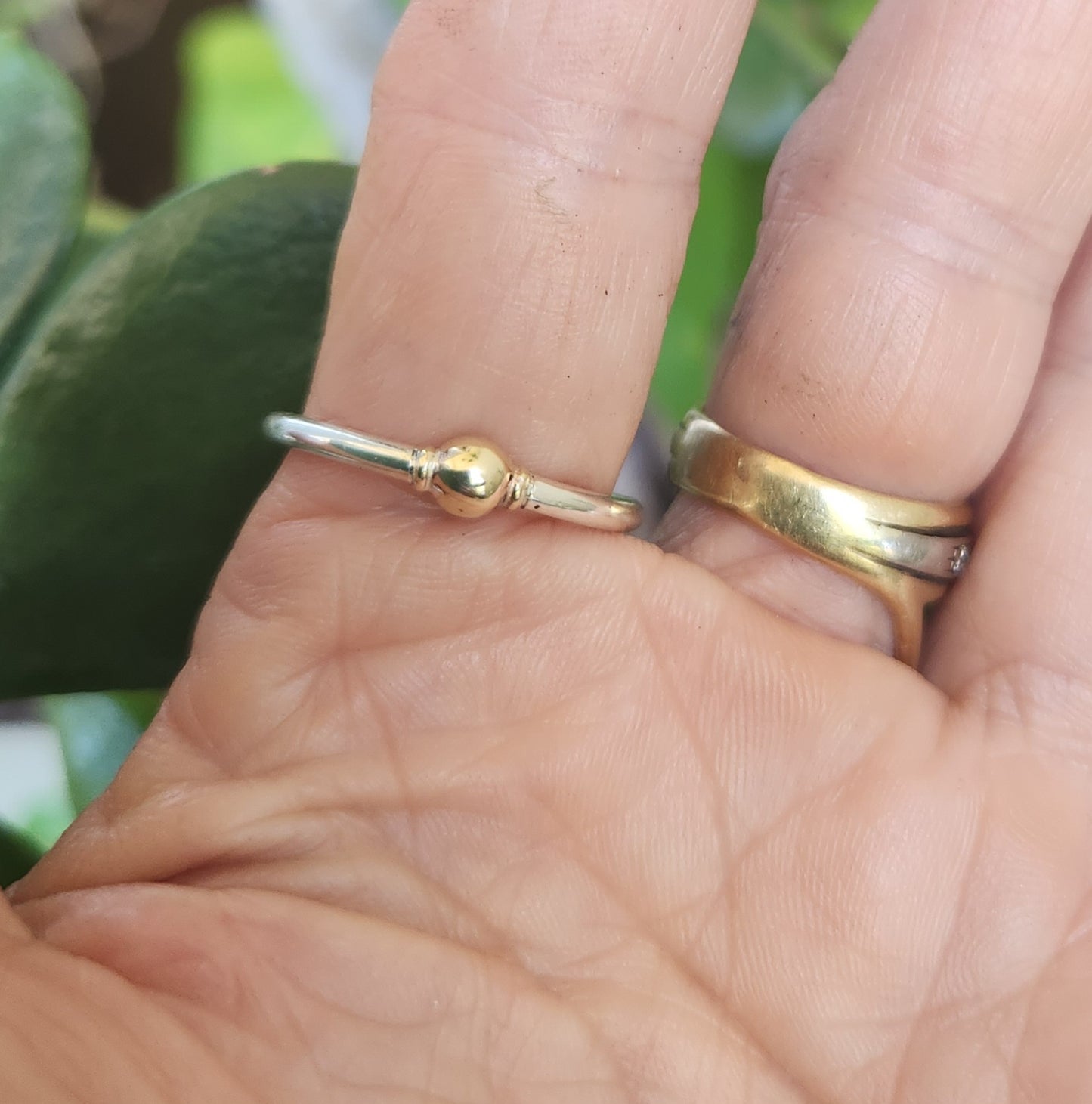 Two tone stacking ring,9k gold vintage bead on a sterling silver band,thin halo mixed metal stacker band