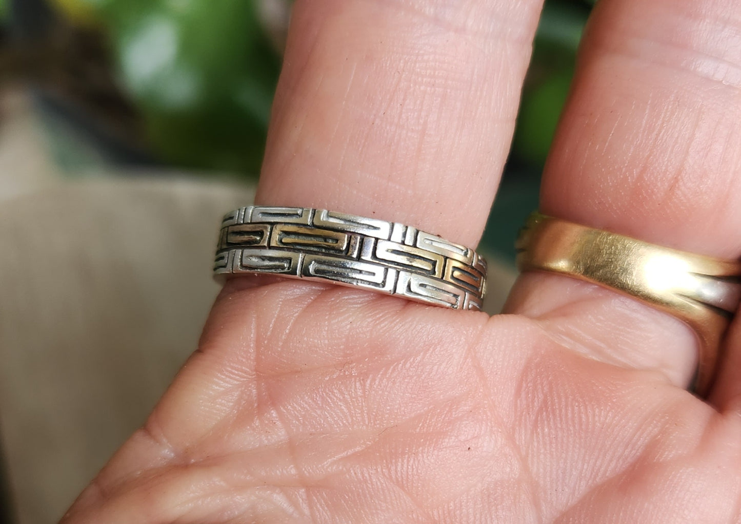 Two tone band,tribal Aztec ring,9k gold and sterling silver,rustic wedding,boho,gypsy,handmade,goddess,designer ring
