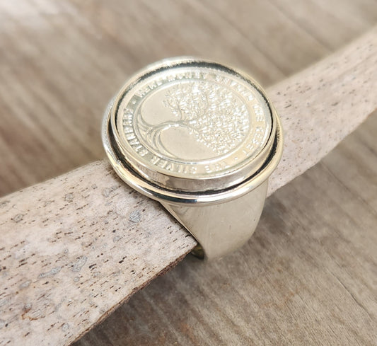 Australian Silver coin ring,99%pure silver minted coin,set in sterling silver "real money beyond the great reset"