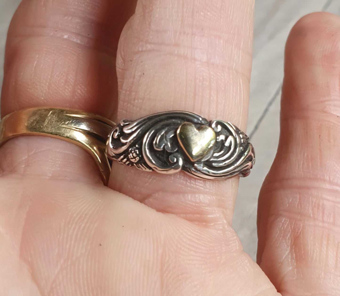 Two tone heart ring,9k Gold heart on 925 sterling silver band,handmade